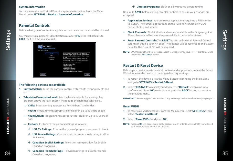 Parental controls, Restart & reset device, Set tings set tings | Entone FusionTV User Manual | Page 46 / 51