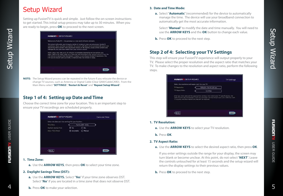 Setup wizard, Setup wizar d setup wizar d, Step 1 of 4: setting up date and time | Step 2 of 4: selecting your tv settings | Entone FusionTV User Manual | Page 6 / 51