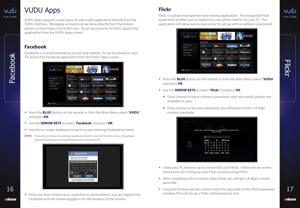 Vudu apps, Facebook, Flickr | Fl ickr facebook | Entone VUDU User Manual | Page 10 / 15