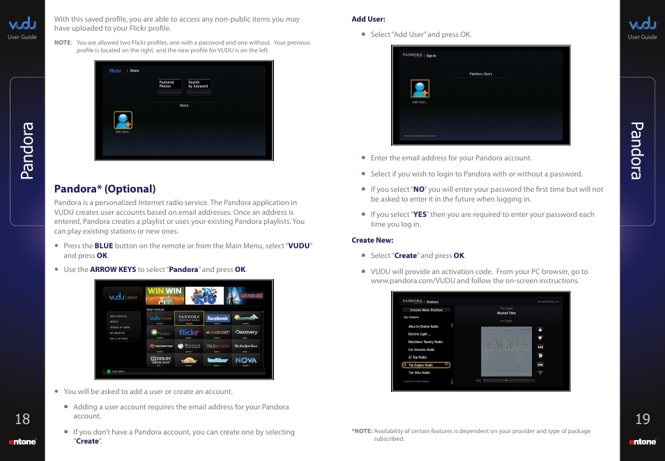 Pandora* (optional), Pandora, Picasa | Pandor a | Entone VUDU User Manual | Page 11 / 15
