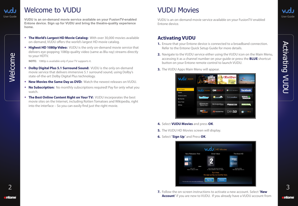 Welcome to vudu, Vudu movies, Activating vudu | Welcome activ ating vudu | Entone VUDU User Manual | Page 3 / 15