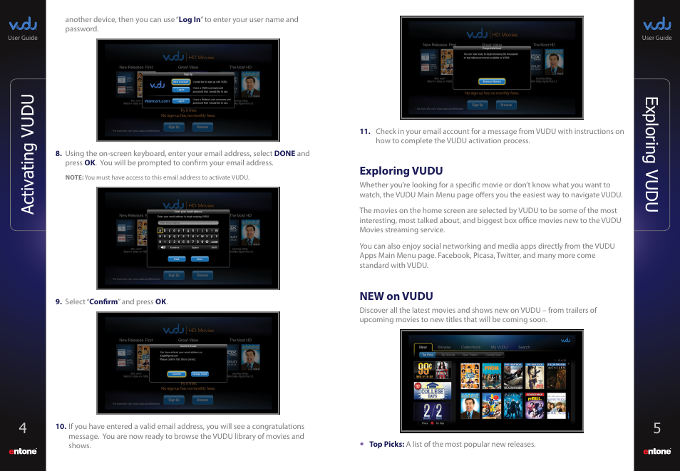 Exploring vudu, New on vudu, Exploring vudu new on vudu | Activ ating vudu exploring vudu | Entone VUDU User Manual | Page 4 / 15