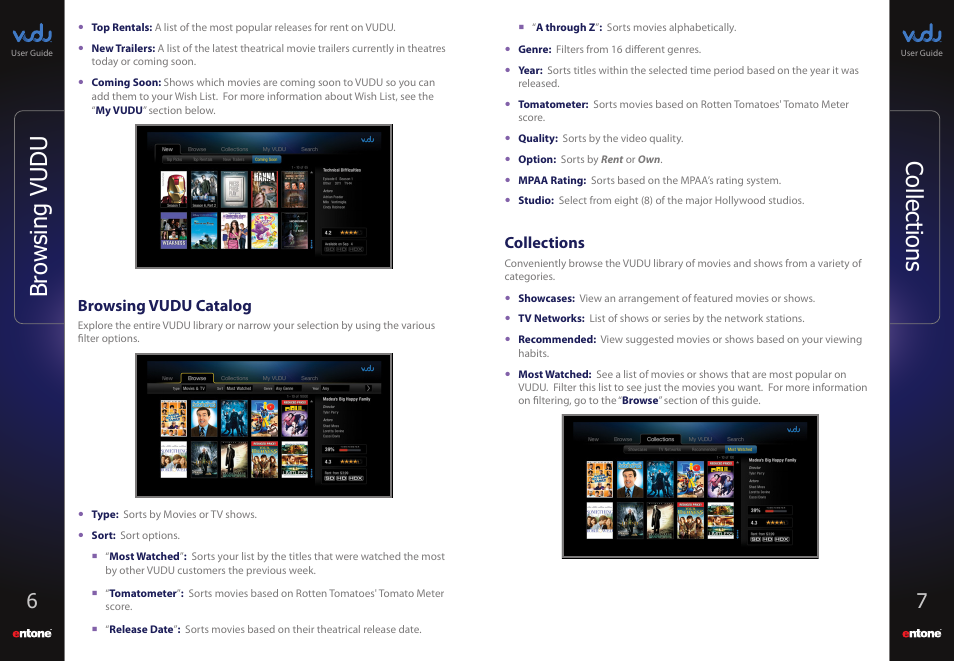 Browsing vudu catalog, Collections, Network speed test | Br owsing vudu col lections | Entone VUDU User Manual | Page 5 / 15