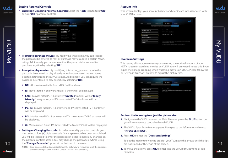 Setting parental controls, Account info, Overscan settings | System info, Watching movies on vudu, My vudu | Entone VUDU User Manual | Page 7 / 15