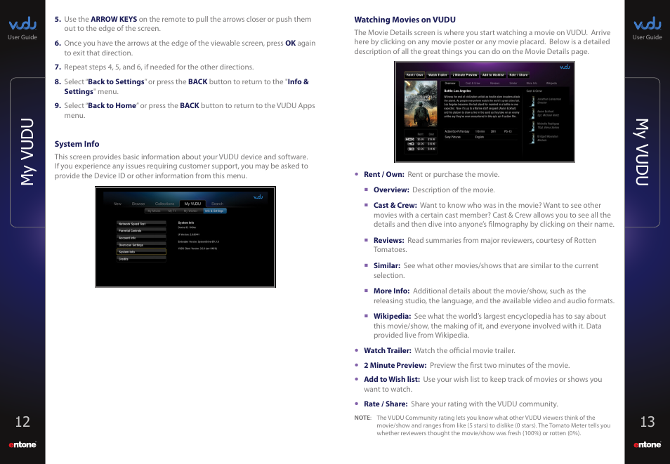 System info, Watching movies on vudu, Vudu movie player | Fast forward/rewind navigation screen, My vudu | Entone VUDU User Manual | Page 8 / 15