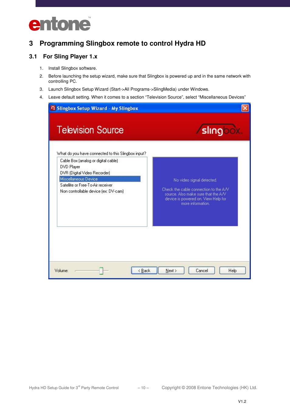 3 programming slingbox remote to control hydra hd, 1 for sling player 1.x | Entone Hydra HD for 3-rd Party Remote Control User Manual | Page 11 / 19