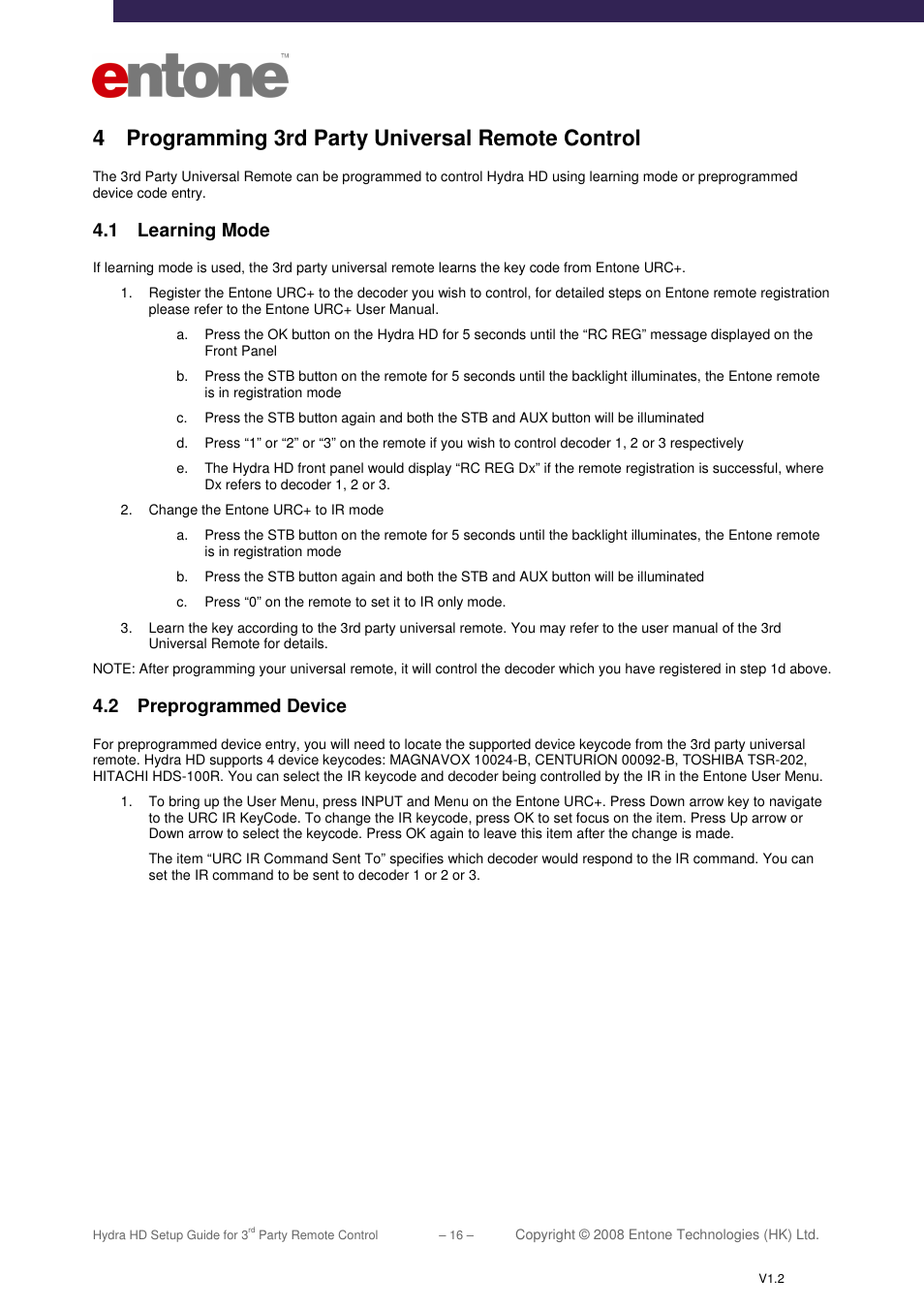 4 programming 3rd party universal remote control, 1 learning mode, 2 preprogrammed device | Entone Hydra HD for 3-rd Party Remote Control User Manual | Page 17 / 19