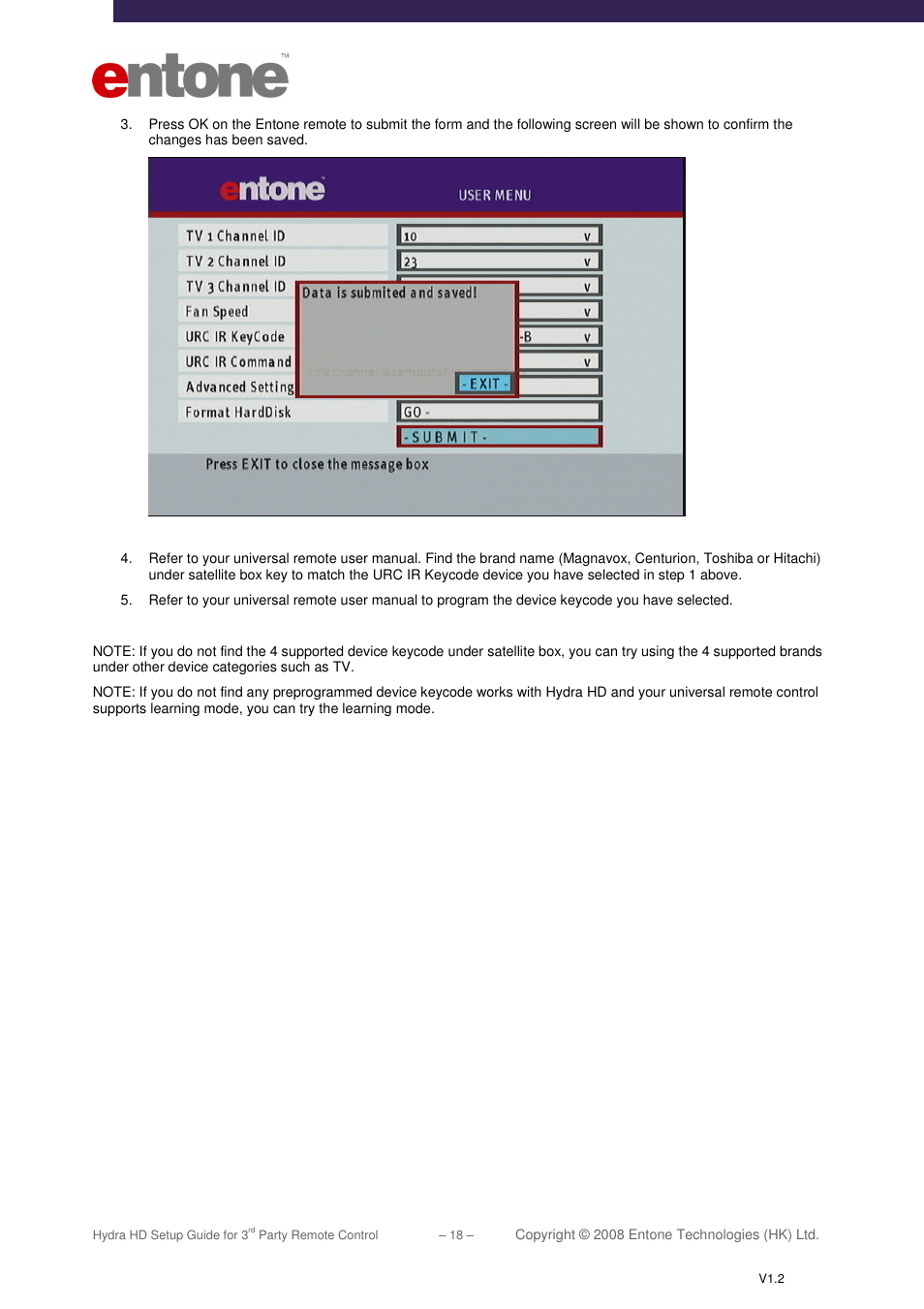 Entone Hydra HD for 3-rd Party Remote Control User Manual | Page 19 / 19