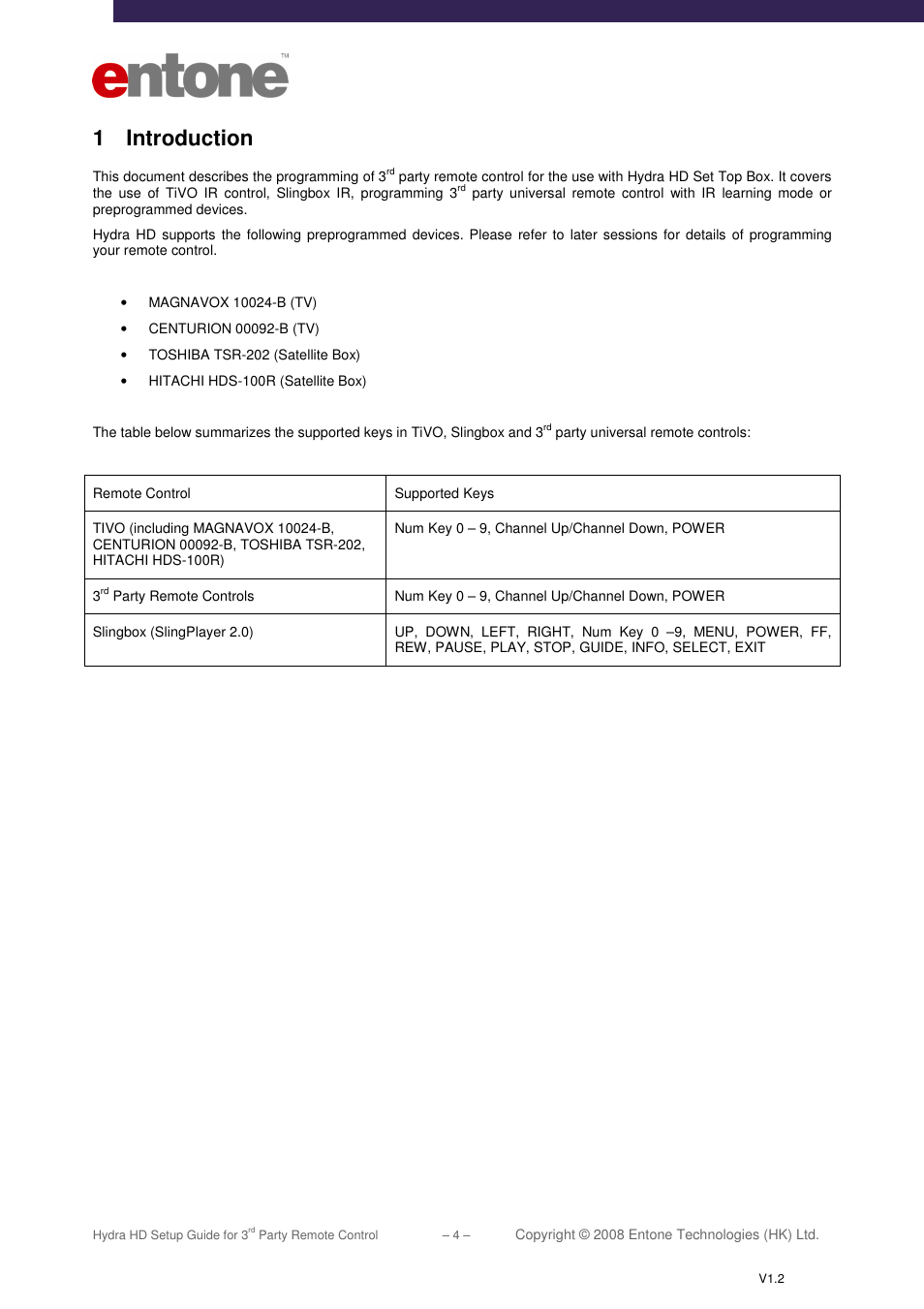 1 introduction | Entone Hydra HD for 3-rd Party Remote Control User Manual | Page 5 / 19