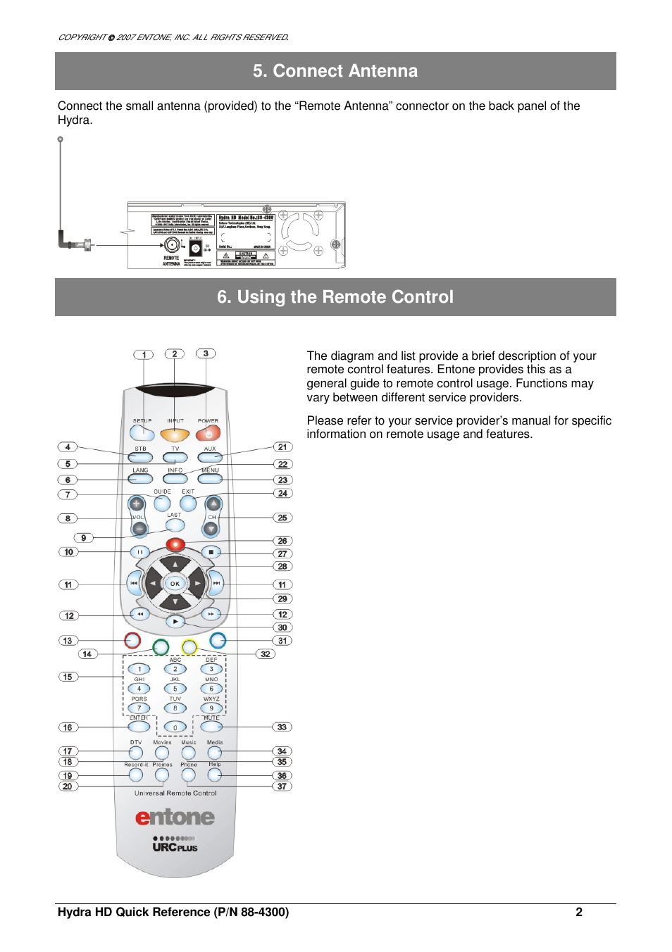Connect antenna, Using the remote control | Entone Hydra HD A-Series User Manual | Page 2 / 16