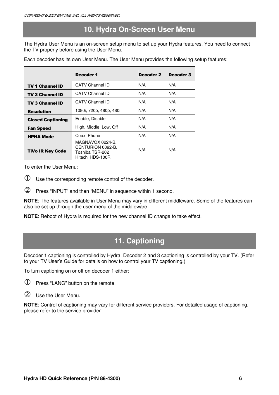 Hydra on-screen user menu, Captioning | Entone Hydra HD A-Series User Manual | Page 6 / 16