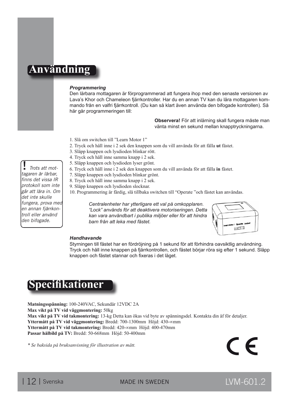 Användning, Speciﬁkationer | CLO Systems LVM-601-2 User Manual | Page 12 / 14