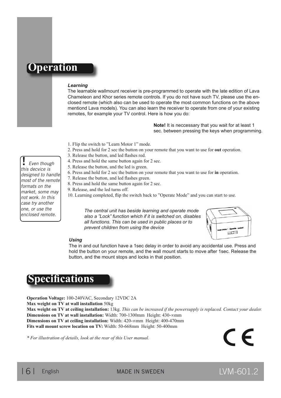 Operation, Speciﬁcations | CLO Systems LVM-601-2 User Manual | Page 6 / 14