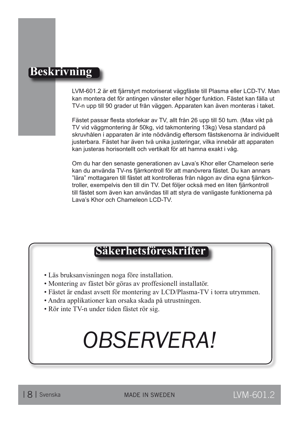 Observera, Säkerhetsföreskrifter, Beskrivning | CLO Systems LVM-601-2 User Manual | Page 8 / 14