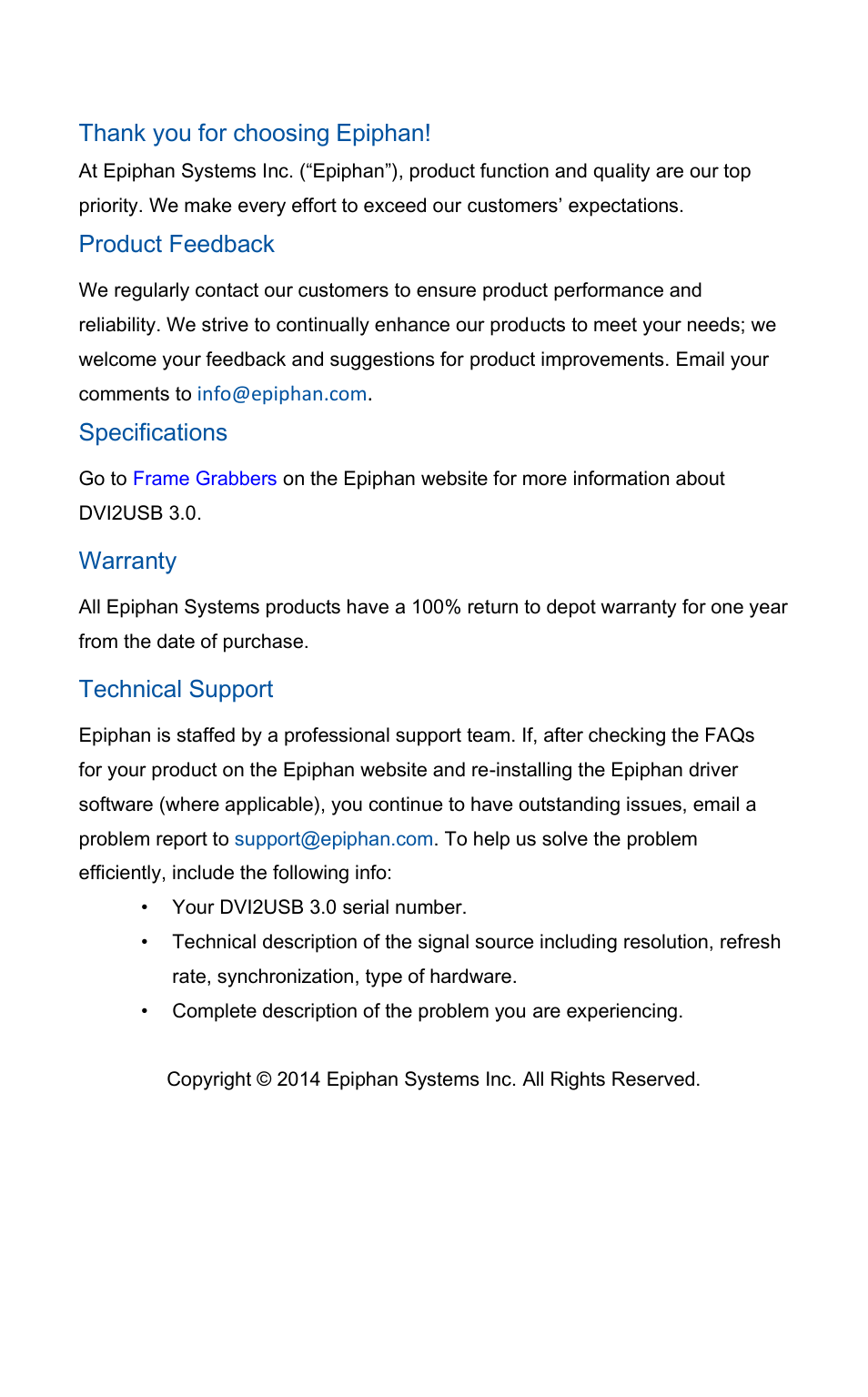 Product feedback, Specifications, Warranty | Technical support | Epiphan DVI2USB 3.0 User Manual | Page 2 / 86
