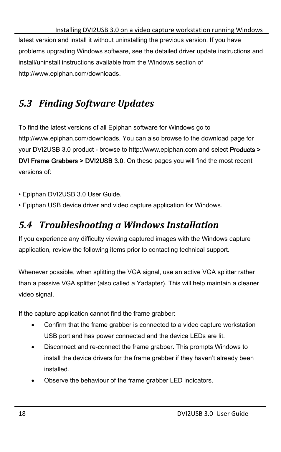 Finding software updates, Troubleshooting a windows installation, 3 finding software updates | 4 troubleshooting a windows installation | Epiphan DVI2USB 3.0 User Manual | Page 23 / 86