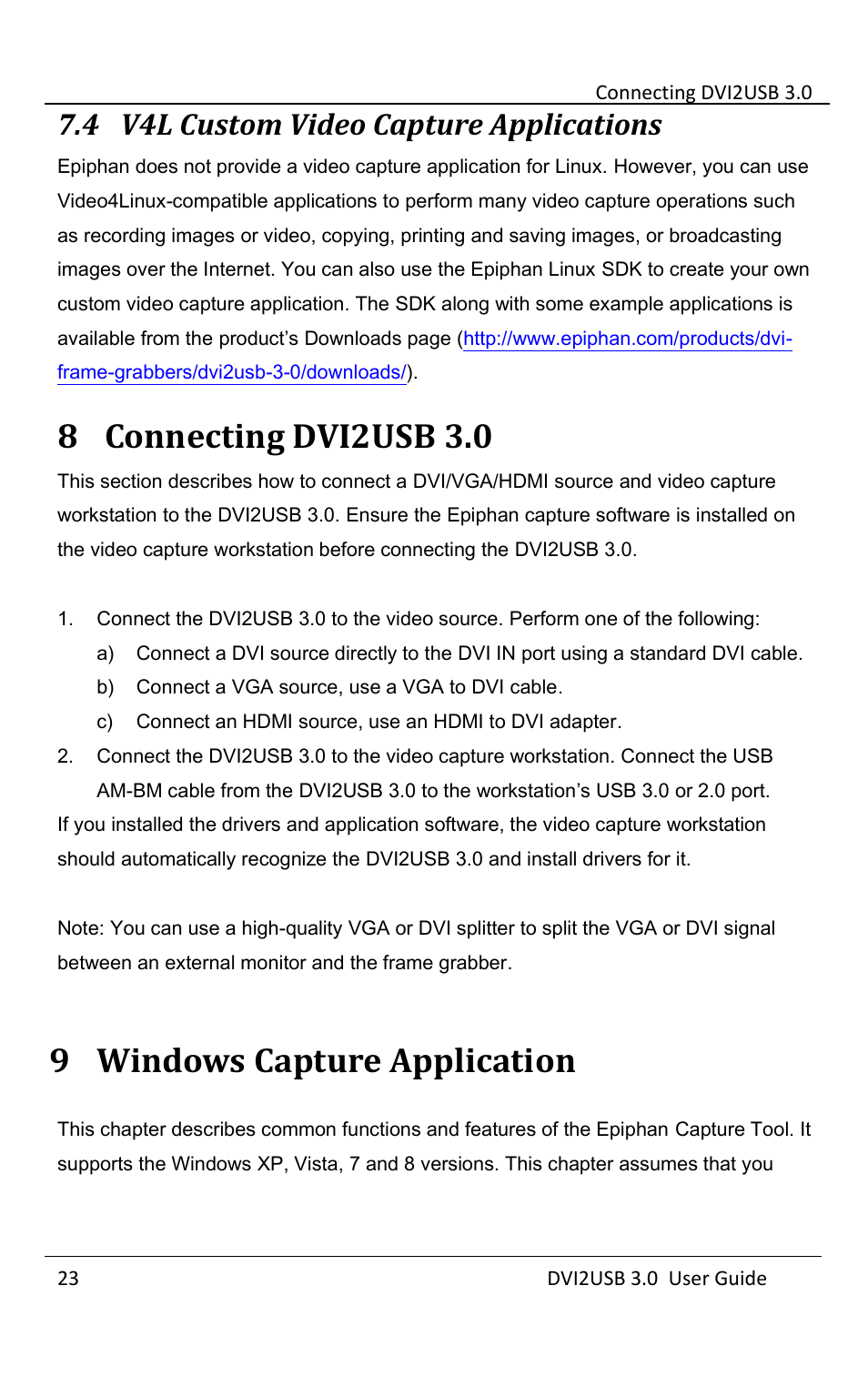 V4l custom video capture applications, Connecting dvi2usb 3.0, Windows capture application | Connecting, Dvi2usb 3.0, 8 connecting dvi2usb 3.0, 9 windows capture application, 4 v4l custom video capture applications | Epiphan DVI2USB 3.0 User Manual | Page 28 / 86