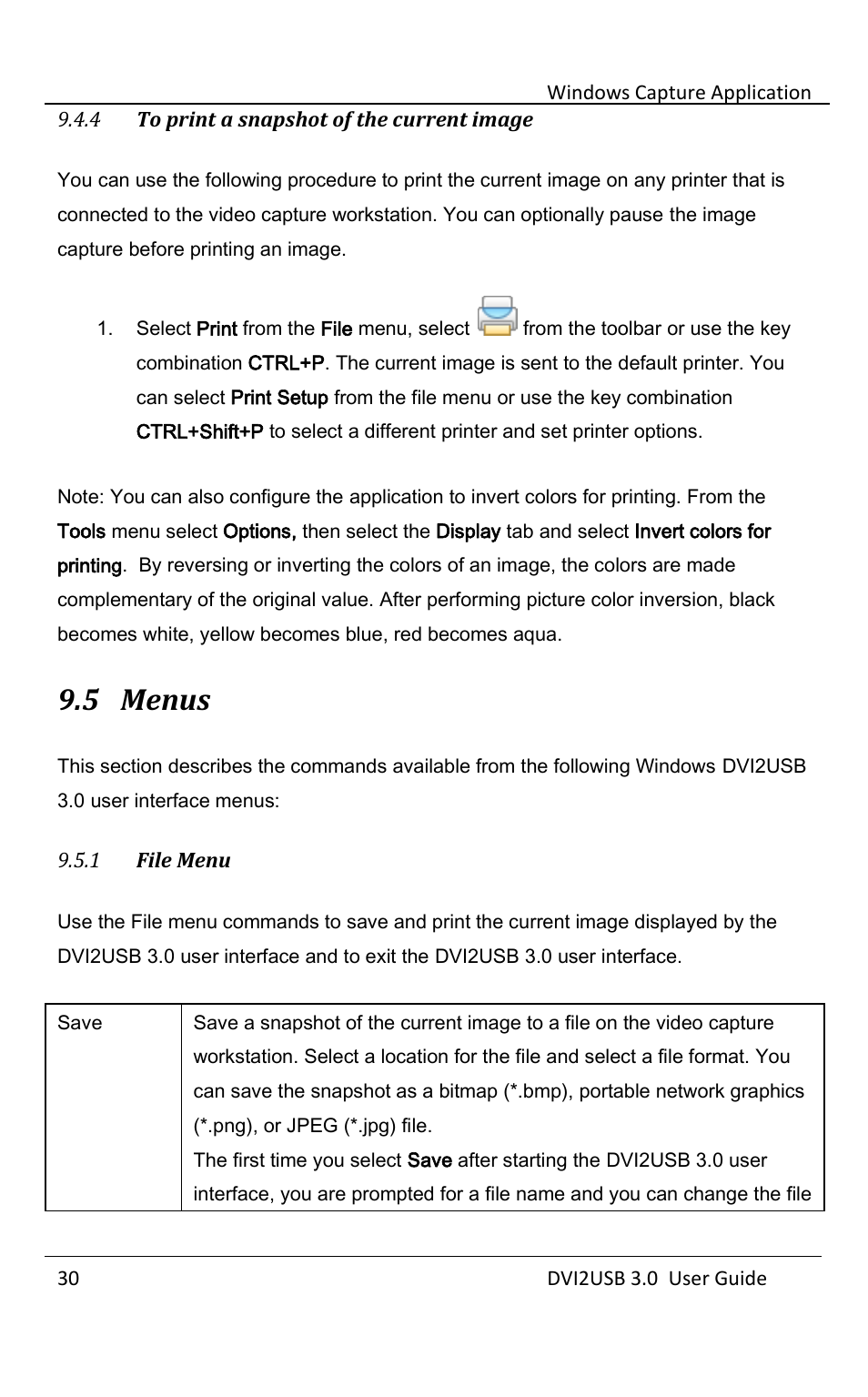 To print a snapshot of the current image, Menus, File menu | 5 menus | Epiphan DVI2USB 3.0 User Manual | Page 35 / 86