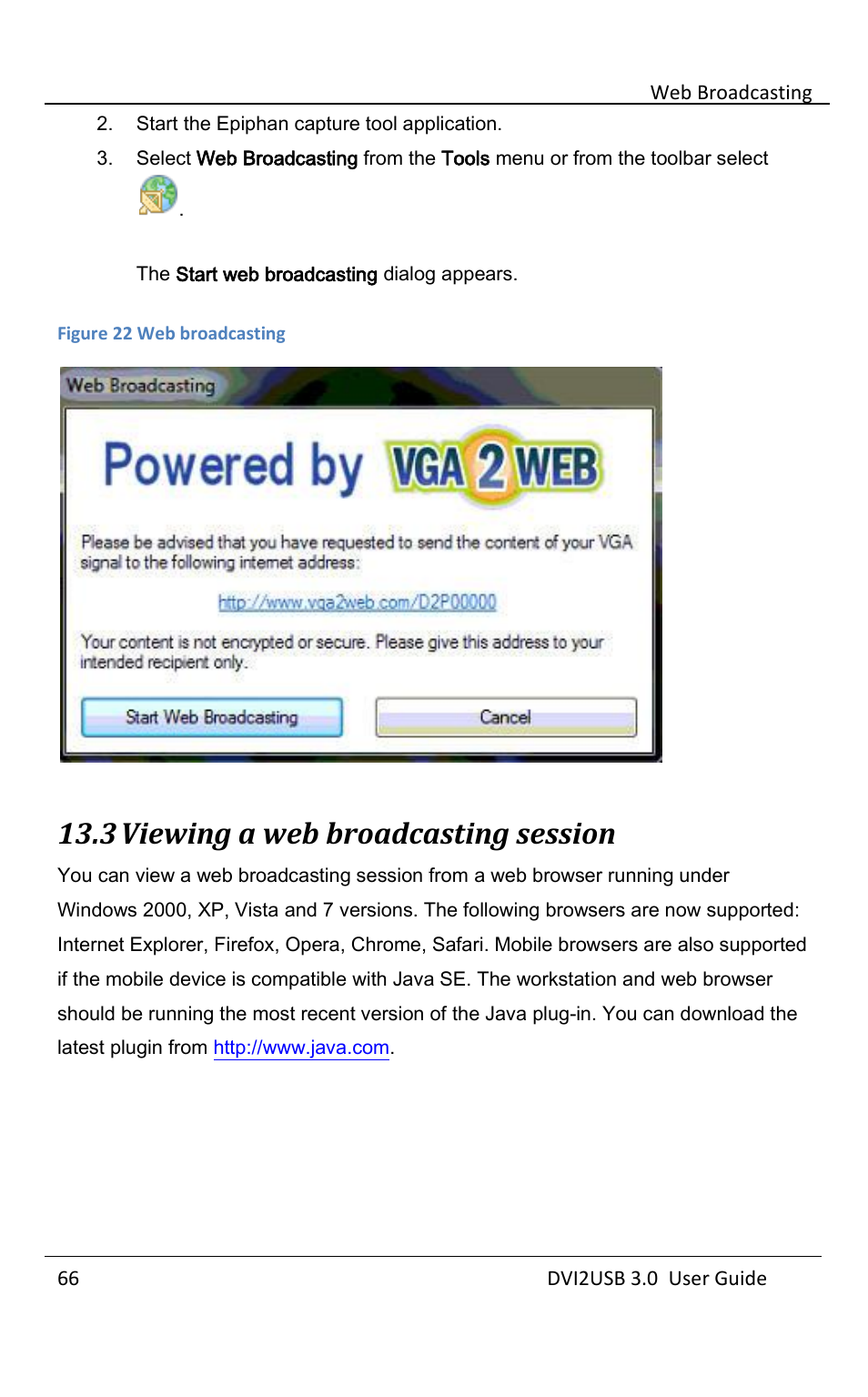 Viewing a web broadcasting session, 3 viewing a web broadcasting session | Epiphan DVI2USB 3.0 User Manual | Page 71 / 86