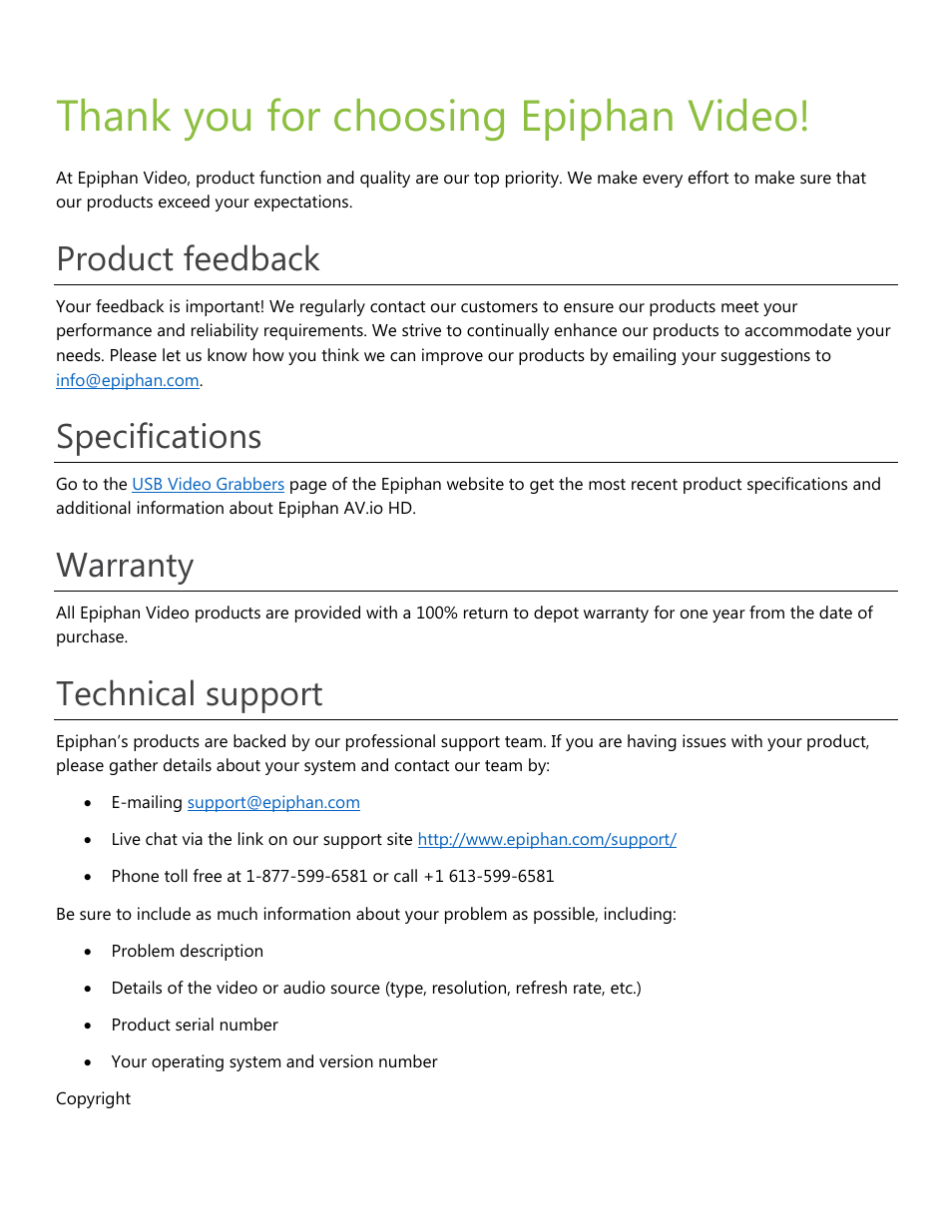 Product feedback, Specifications, Warranty | Technical support | Epiphan AV.io HD User Manual | Page 2 / 27