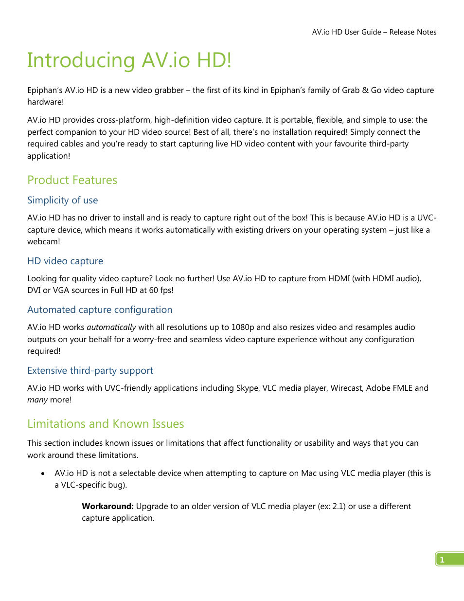 Introducing av.io hd, Product features, Limitations and known issues | Epiphan AV.io HD User Manual | Page 4 / 27