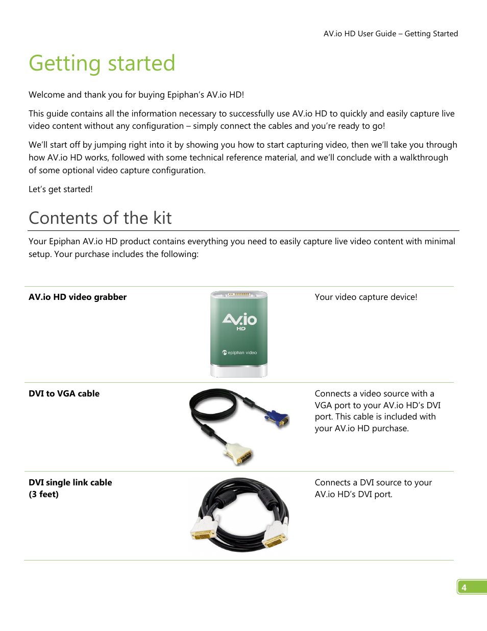 Getting started, Contents of the kit | Epiphan AV.io HD User Manual | Page 7 / 27