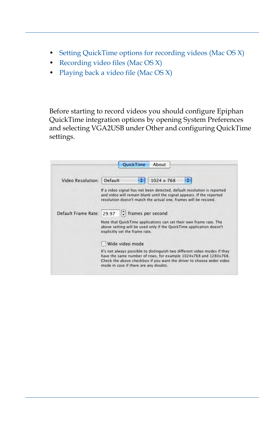 Ences. see, Setting, Quicktime options for recording videos (mac os x) | Epiphan VGA2USB Pro User Manual | Page 111 / 166