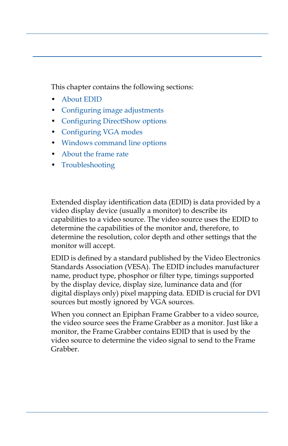 Advanced topics, About edid, Advanced topics 133 | About edid 133, Descr, Chapter 18. “advanced, About edid” on | Epiphan VGA2USB Pro User Manual | Page 133 / 166