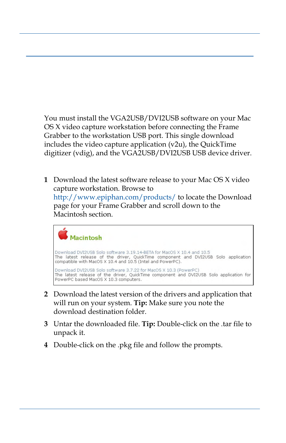 Installing the mac os x vga2usb/dvi2usb, Drivers and application 14 | Epiphan VGA2USB Pro User Manual | Page 14 / 166