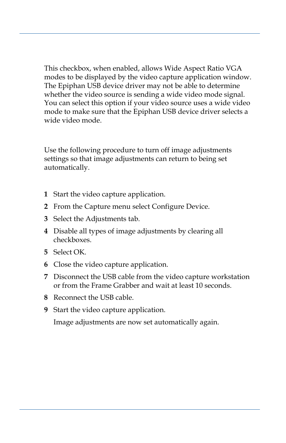 Prefer wide (16:9) vga modes, Resetting image adjustments | Epiphan VGA2USB Pro User Manual | Page 142 / 166