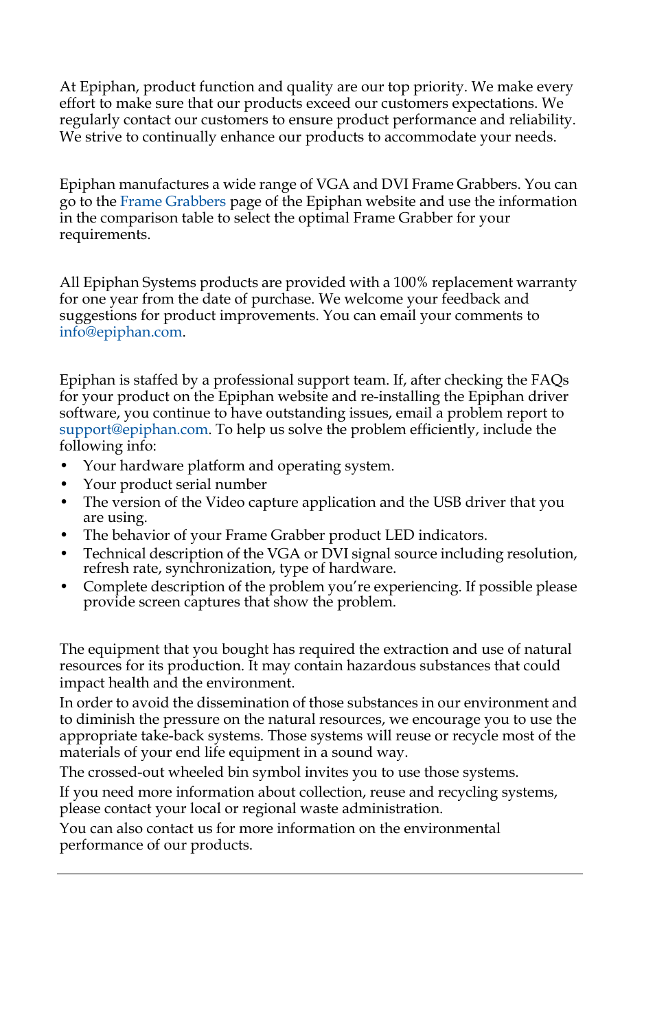 Thank you for choosing epiphan, Specifications, Warranty | Technical support, Environmental information | Epiphan VGA2USB Pro User Manual | Page 2 / 166