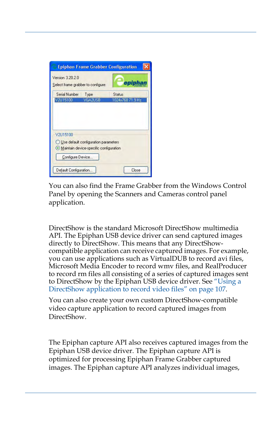Directshow, The epiphan capture api | Epiphan VGA2USB Pro User Manual | Page 37 / 166