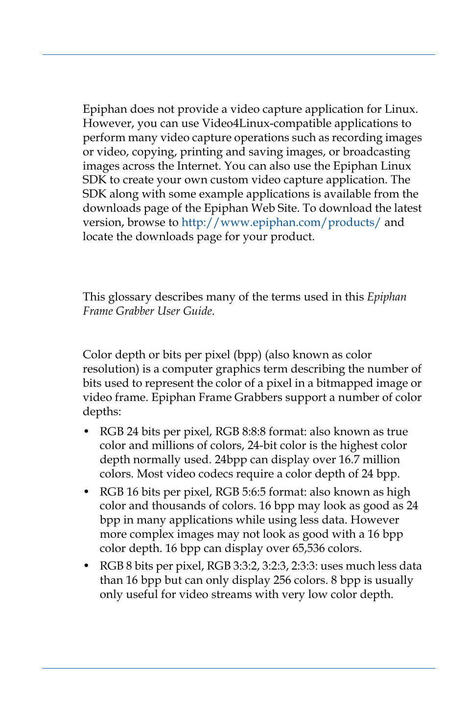 V4l custom video capture applications, Glossary of terms, Color depth, bits per pixel (bpp) | Glossary of terms 45 | Epiphan VGA2USB Pro User Manual | Page 45 / 166