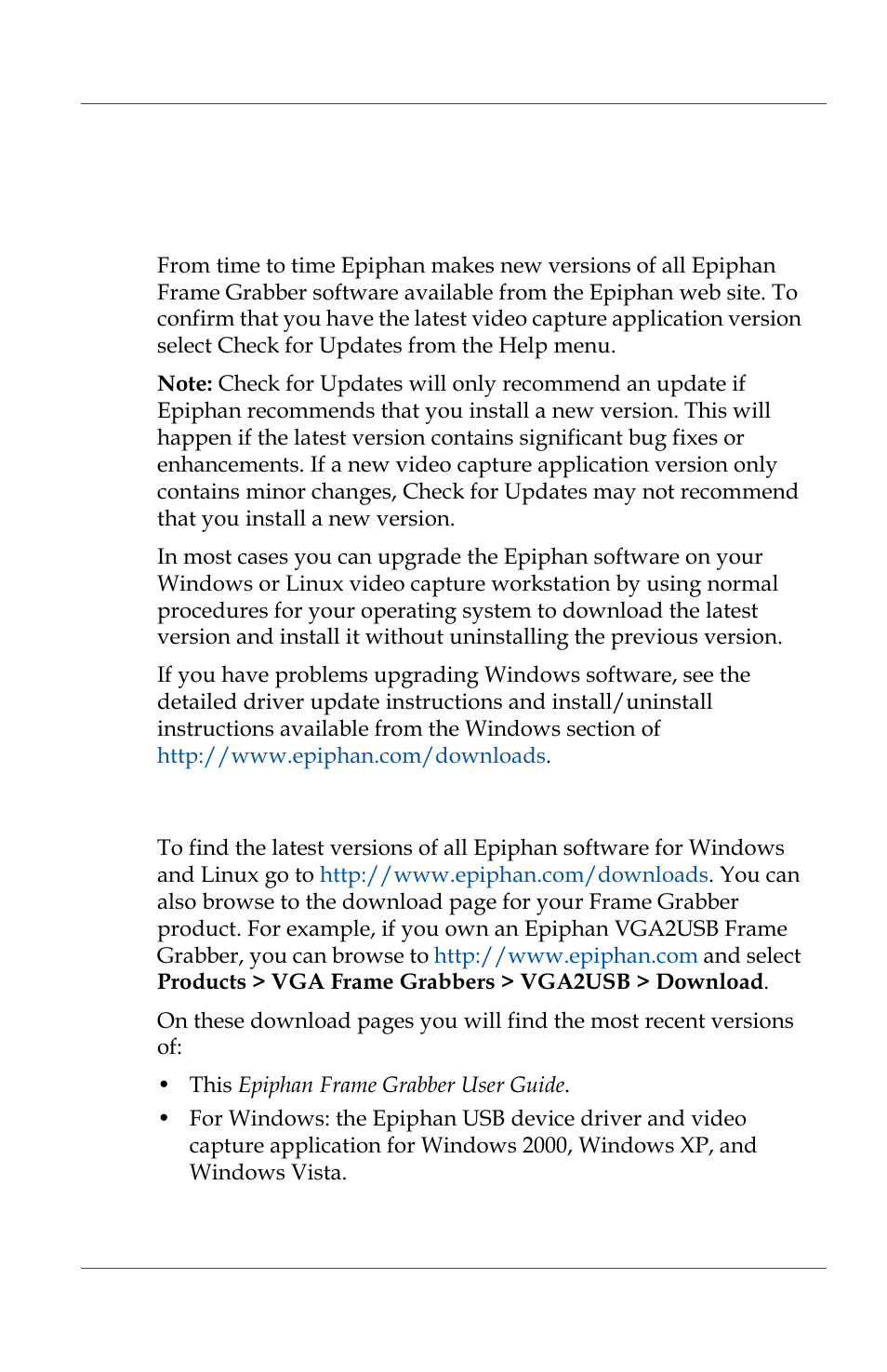 Upgrading to the latest software version, Finding software updates, Upgrading to the latest software version 53 | Epiphan VGA2USB Pro User Manual | Page 53 / 166