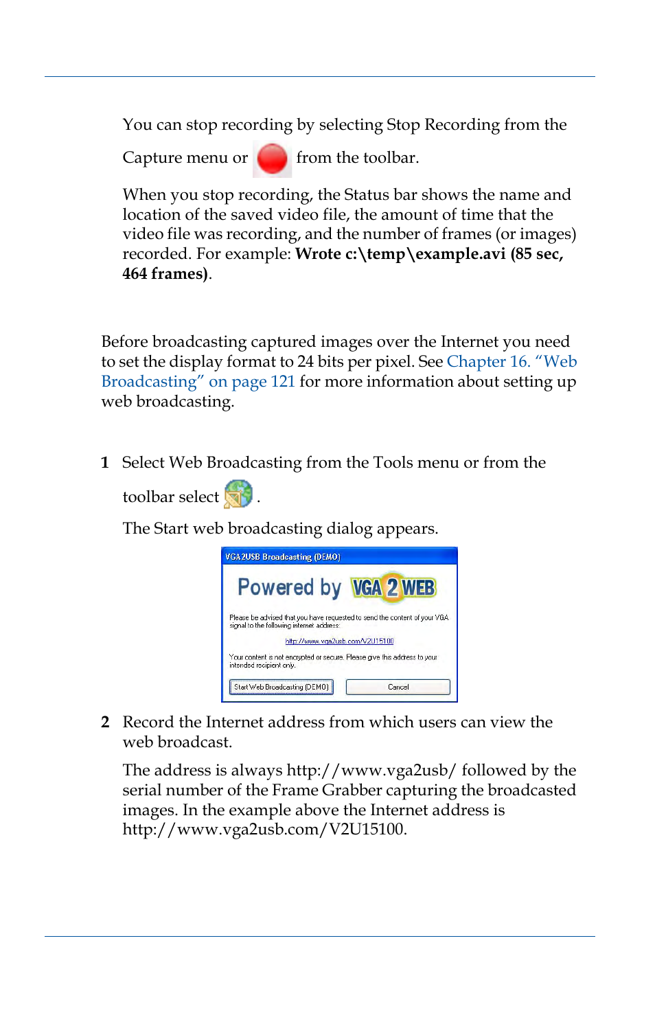 Starting web broadcasting | Epiphan VGA2USB Pro User Manual | Page 60 / 166