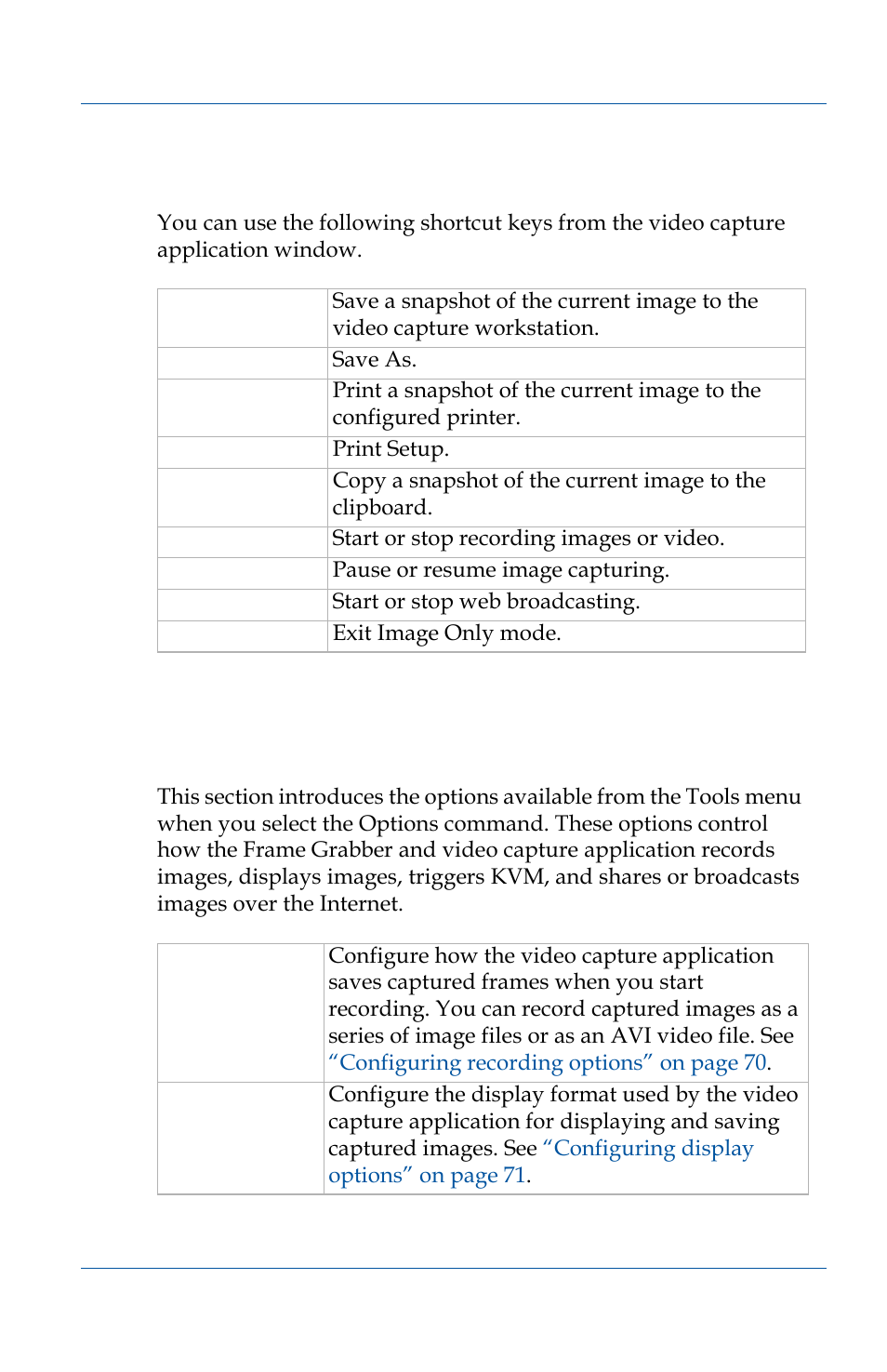 Shortcut keys, Recording, display, kvm and sharing options, Shortcut | Recording | Epiphan VGA2USB Pro User Manual | Page 69 / 166