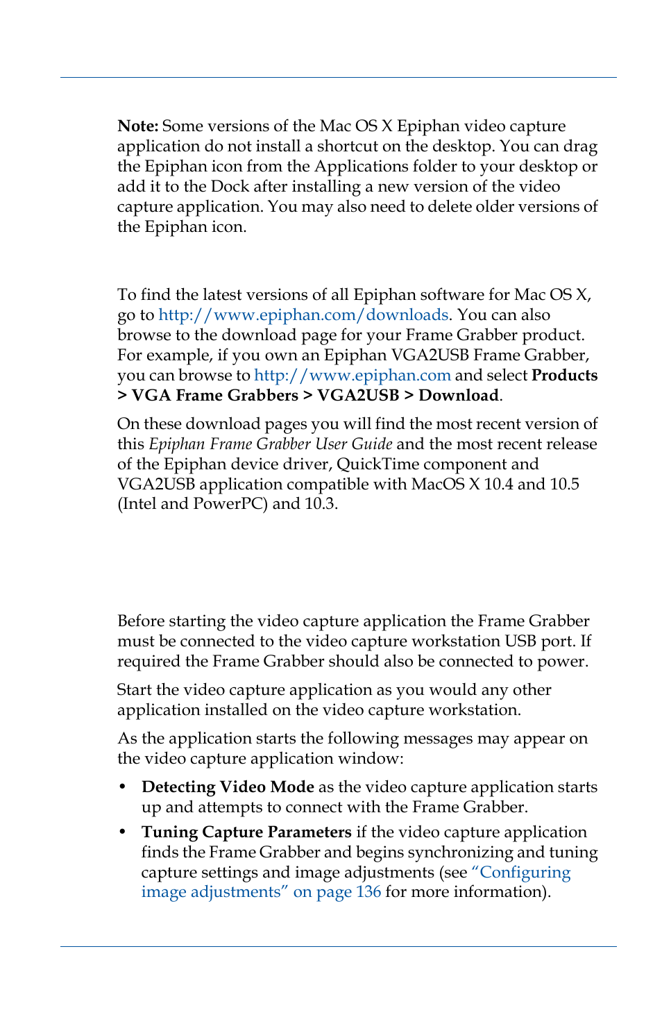 Finding software updates, Starting the mac os x video capture application, Starting the mac os x video capture application 81 | Epiphan VGA2USB Pro User Manual | Page 81 / 166