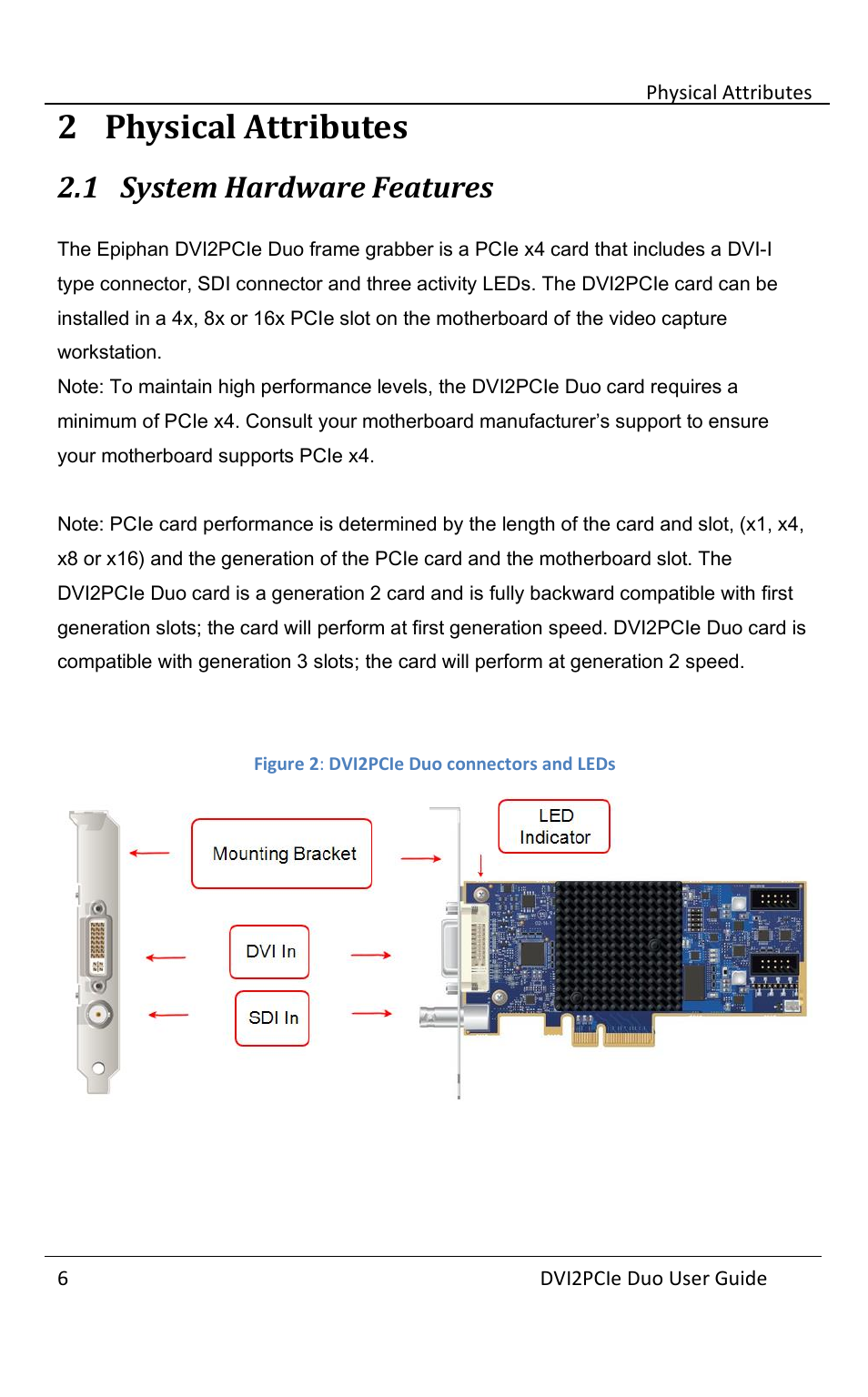 2 physical attributes, 1 system hardware features, Physical attributes | System hardware features | Epiphan DVI2PCIe Duo User Manual | Page 10 / 93