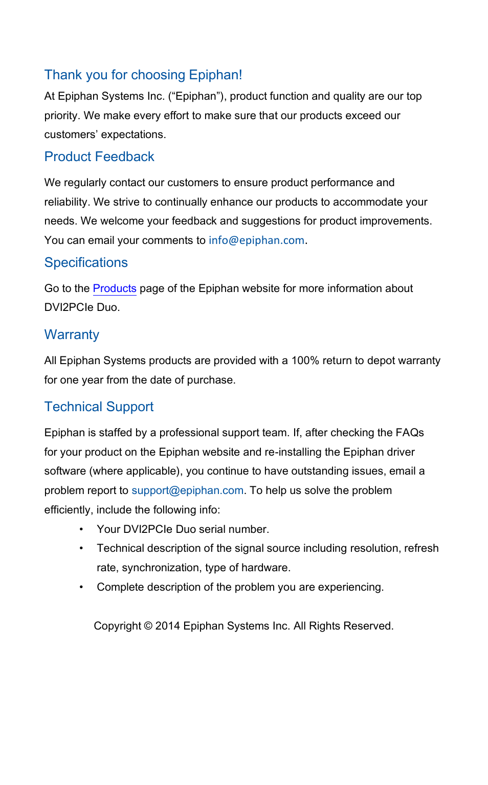 Product feedback, Specifications, Warranty | Technical support | Epiphan DVI2PCIe Duo User Manual | Page 2 / 93