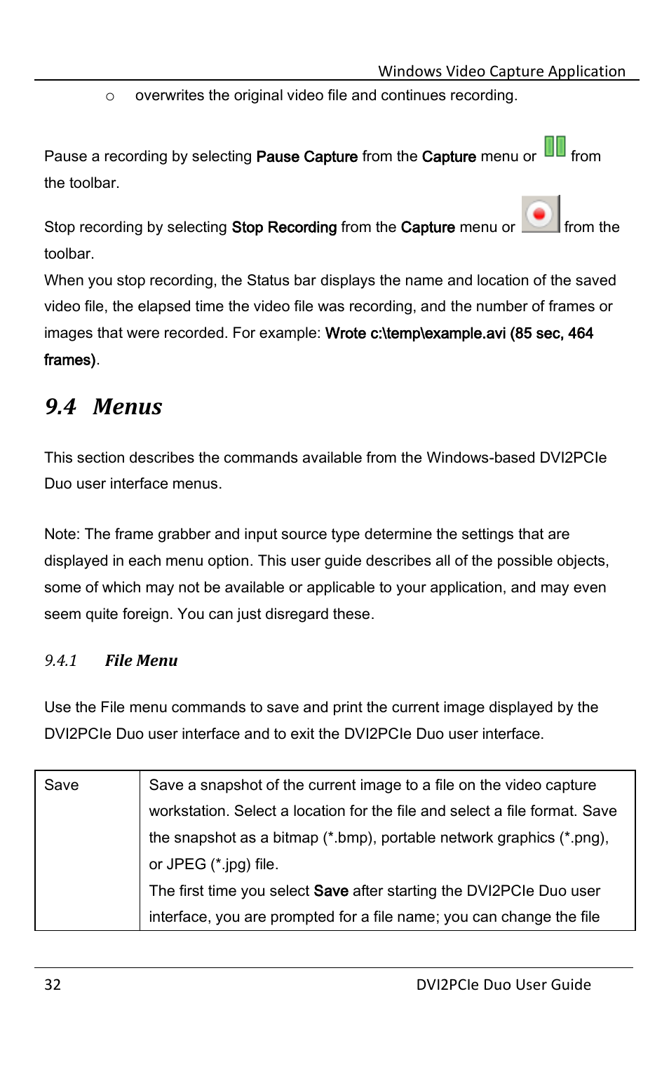 4 menus, 1 file menu, Menus | File menu | Epiphan DVI2PCIe Duo User Manual | Page 36 / 93