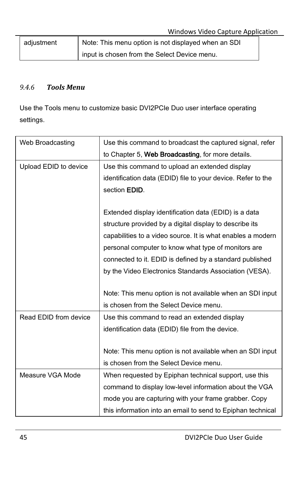 6 tools menu, Tools menu | Epiphan DVI2PCIe Duo User Manual | Page 49 / 93