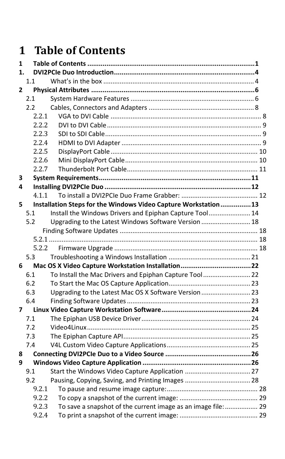 1 table of contents | Epiphan DVI2PCIe Duo User Manual | Page 5 / 93