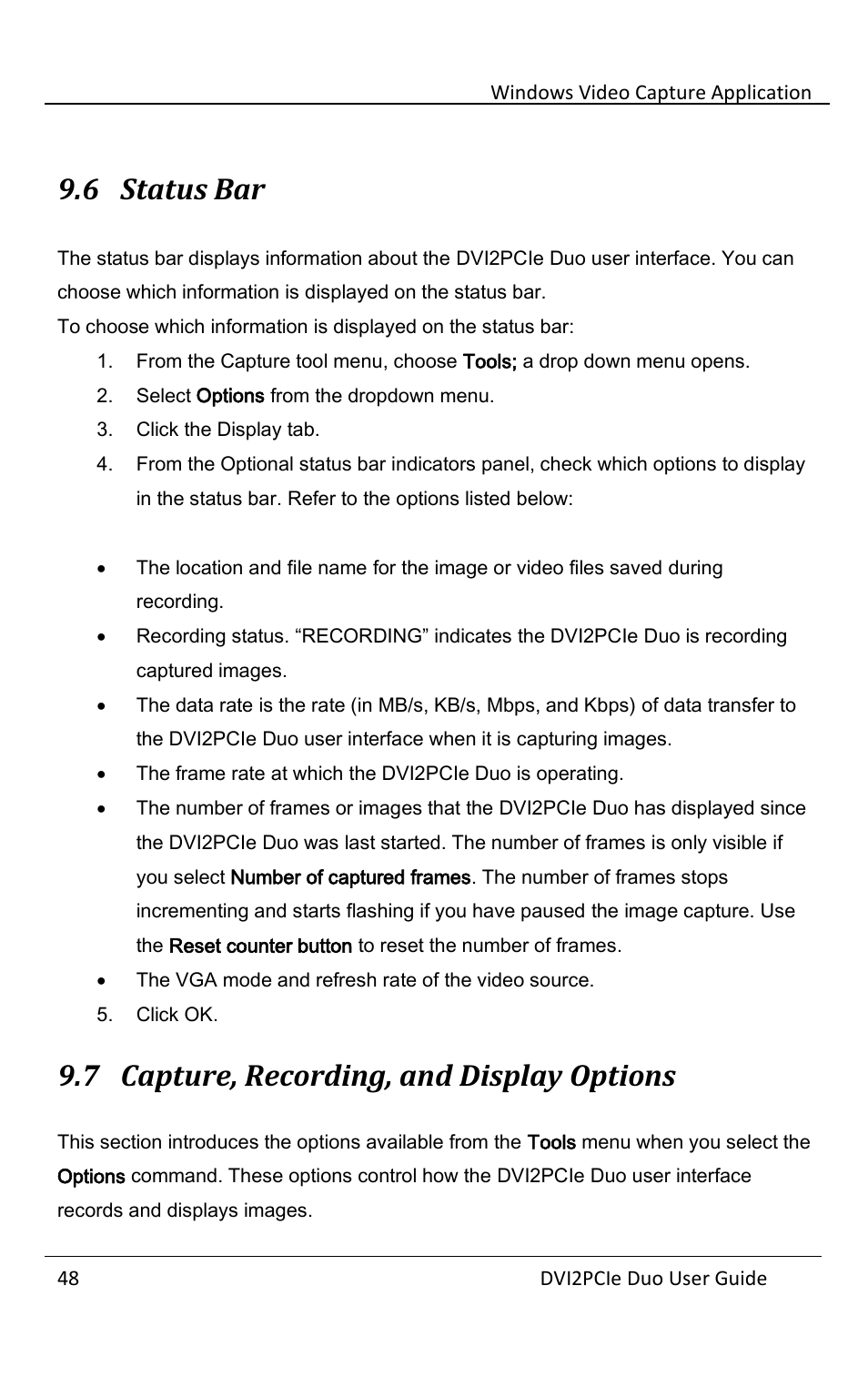 6 status bar, 7 capture, recording, and display options, Status bar | Capture, recording, and display options | Epiphan DVI2PCIe Duo User Manual | Page 52 / 93
