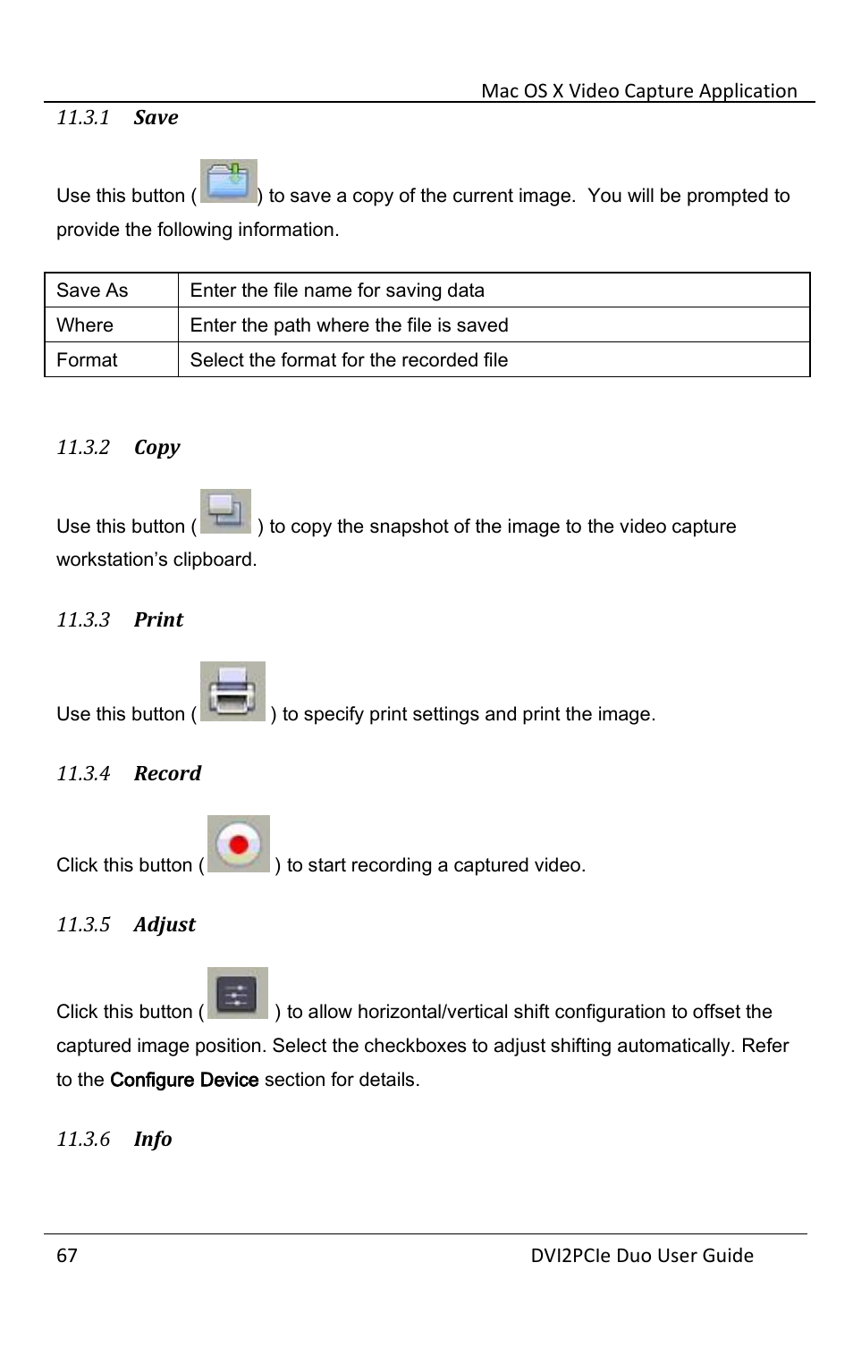 1 save, 2 copy, 3 print | 4 record, 5 adjust, 6 info, Save, Copy, Print, Record | Epiphan DVI2PCIe Duo User Manual | Page 71 / 93