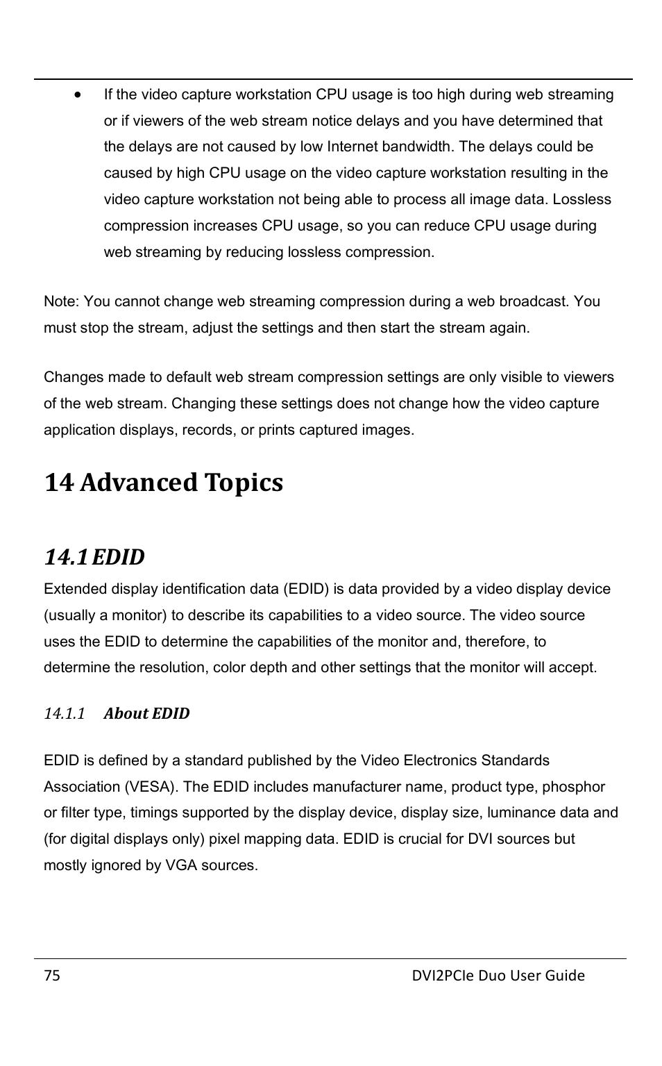14 advanced topics, 1 edid, 1 about edid | Advanced topics, Edid, About edid | Epiphan DVI2PCIe Duo User Manual | Page 79 / 93