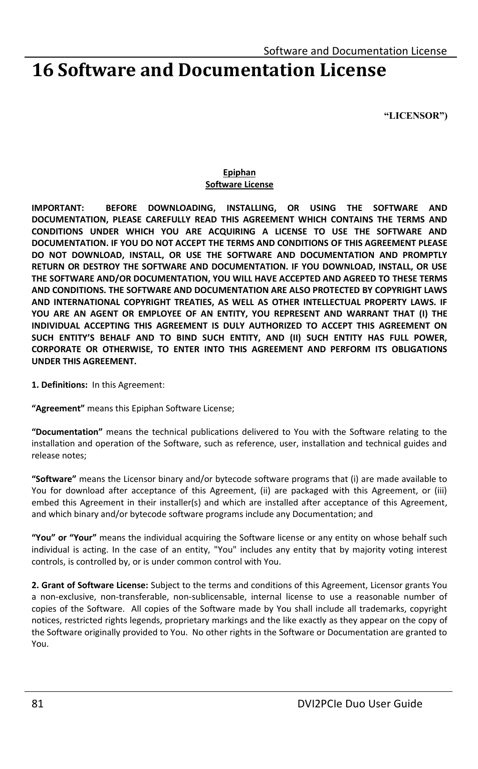 16 software and documentation license | Epiphan DVI2PCIe Duo User Manual | Page 85 / 93