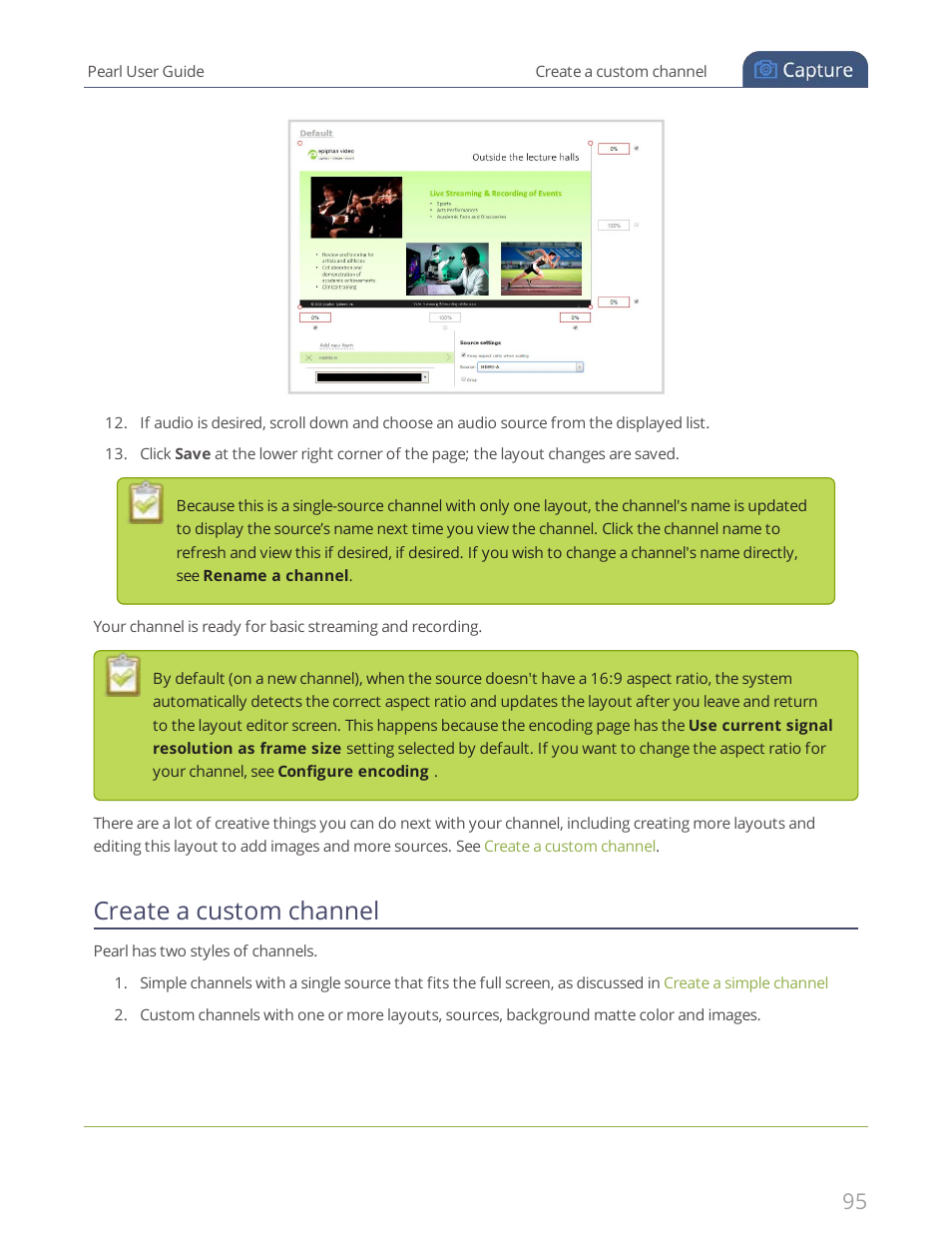 Create a custom channel, Create a, Custom channel | Epiphan Pearl User Manual | Page 108 / 342