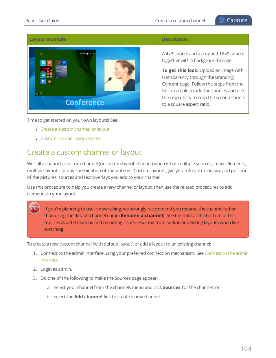 Create a custom channel or layout, Create a custom channel, Or layout | Epiphan Pearl User Manual | Page 117 / 342