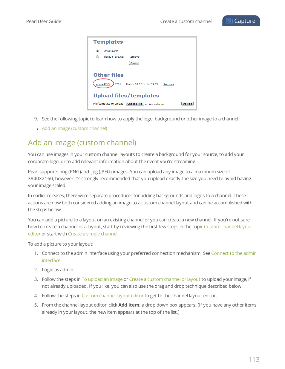 Add an image (custom channel), Add an, Image (custom channel) | Add an image (custom, Channel) | Epiphan Pearl User Manual | Page 126 / 342
