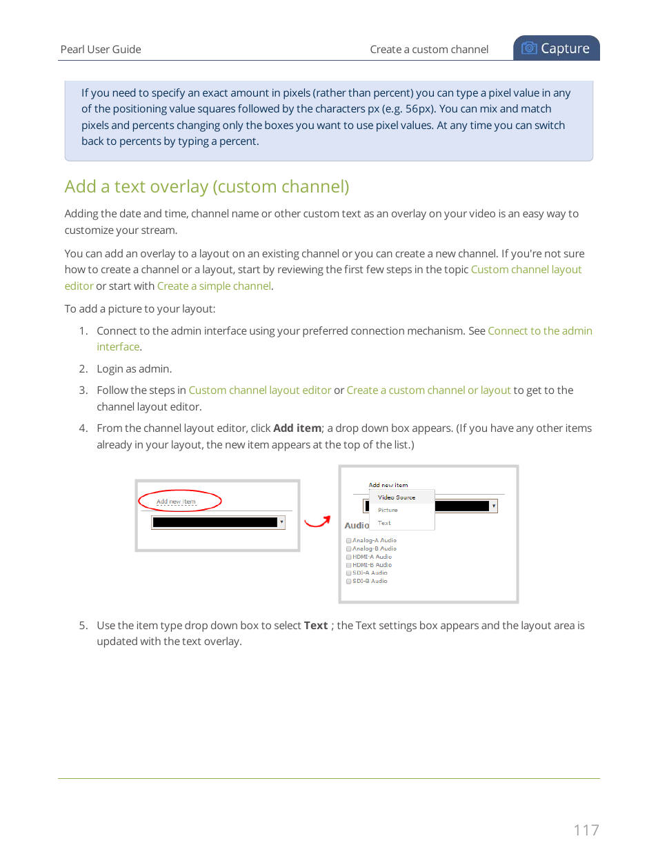 Add a text overlay (custom channel) | Epiphan Pearl User Manual | Page 130 / 342